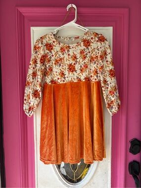 Girls' Cream & Orange Floral Velvet Skater Dress